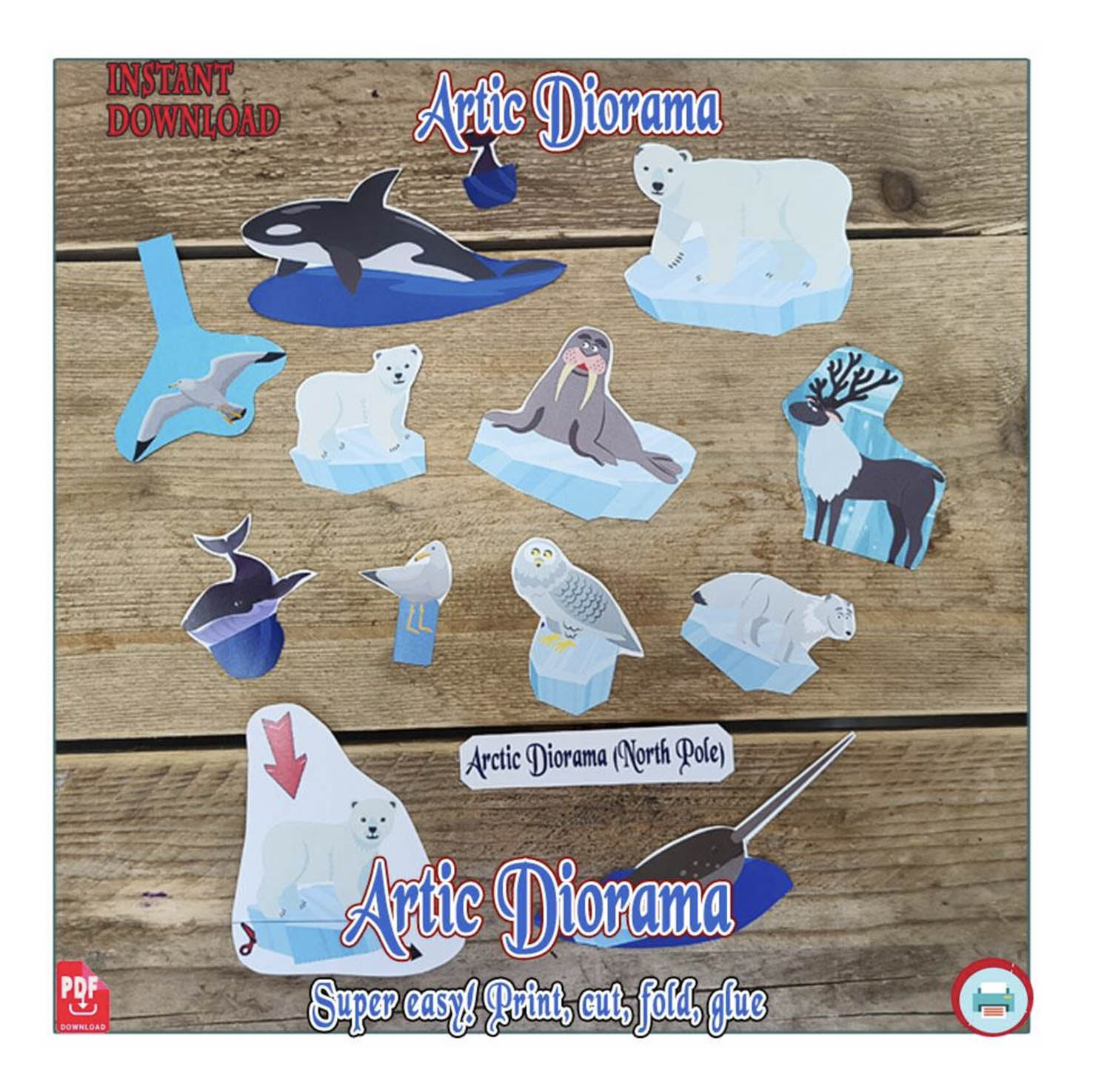 Animales polares recortables para una maqueta del Polo Norte con oso polar, morsa, narval y aves