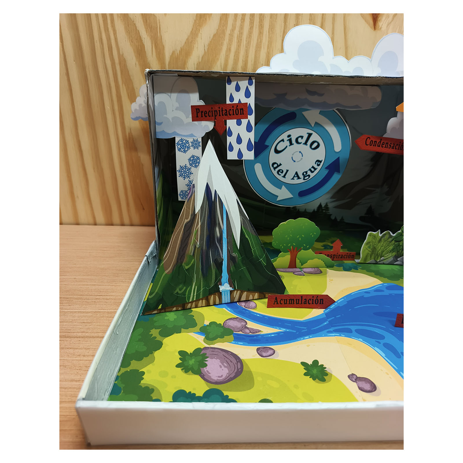 Precipitación y acumulación en una maqueta del ciclo del agua para niños