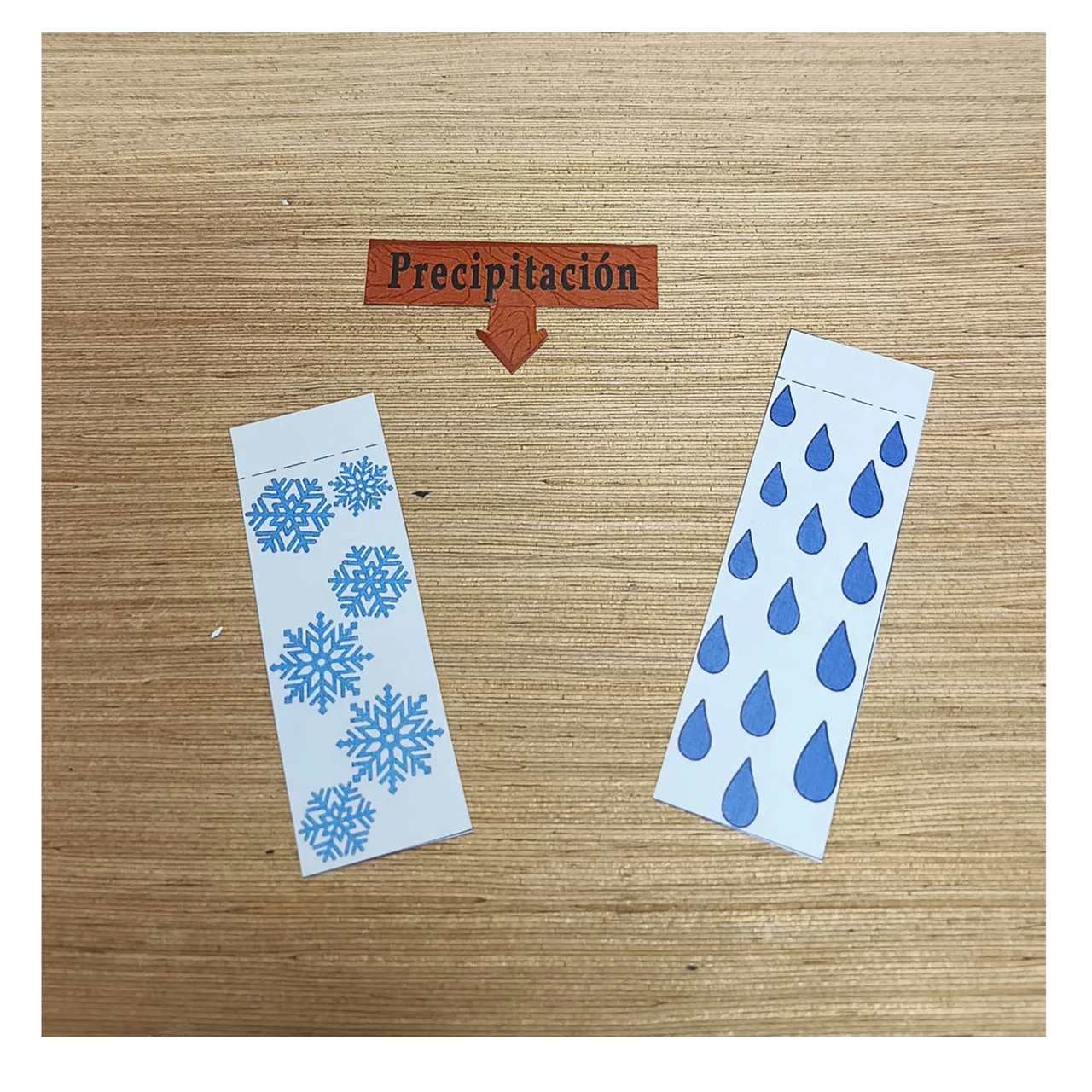 Tiras de lluvia y nieve junto al rótulo de precipitación sobre la mesa