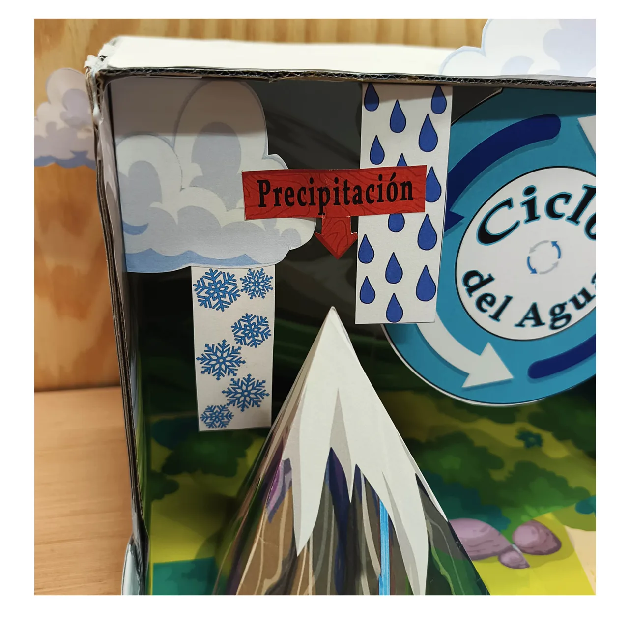 Tiras de lluvia y nieve colgadas sobre la montaña con el rótulo de precipitación