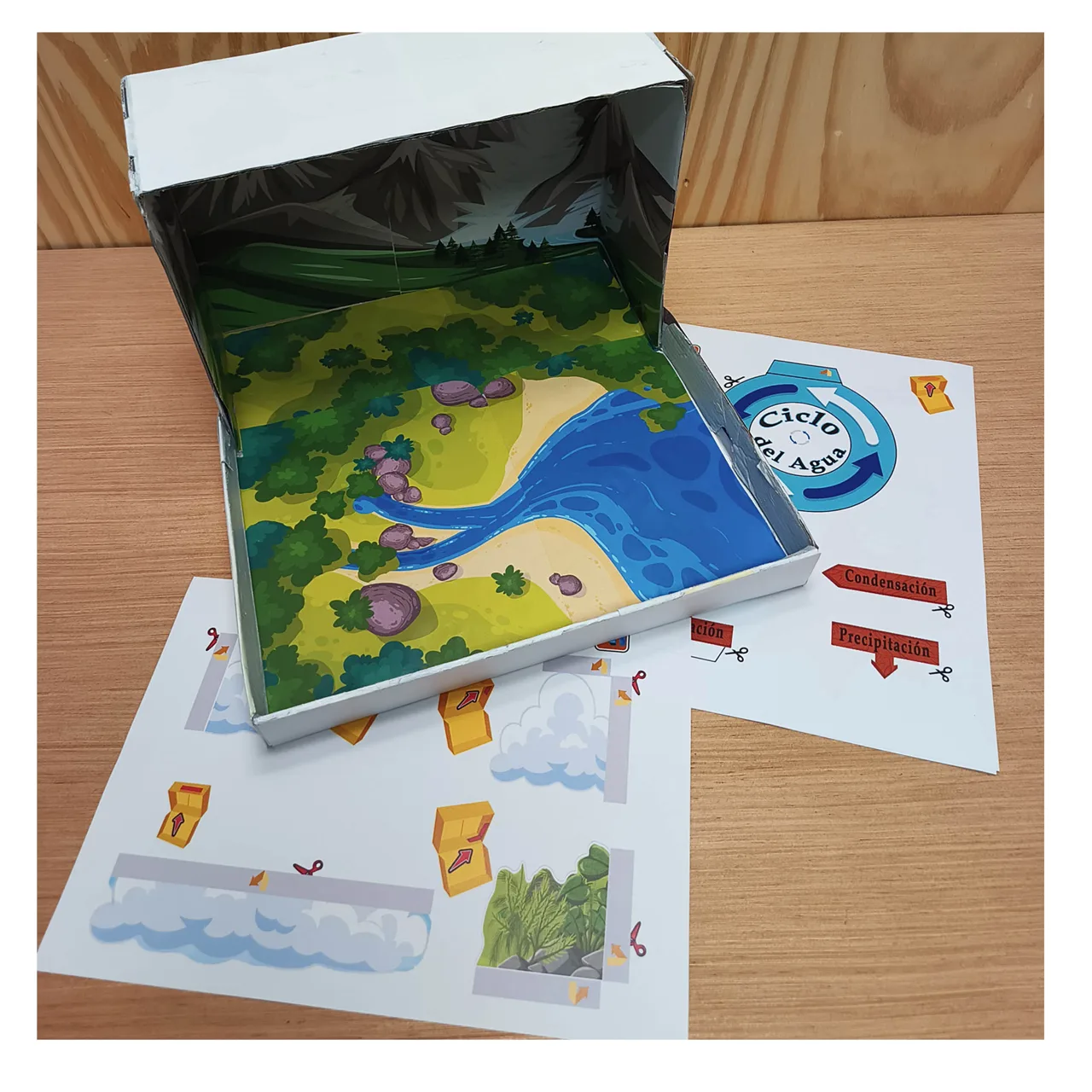 Caja con el paisaje montado y hojas con las piezas de nubes y vegetación
