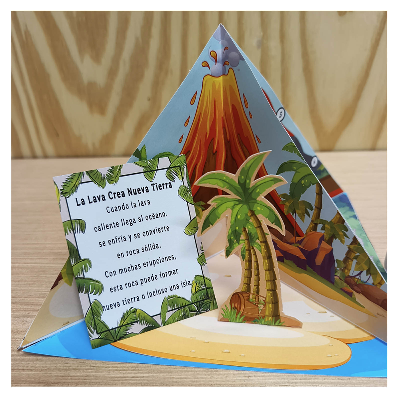 Instrucciones para doblar y construir una maqueta de volcán de papel en 3D