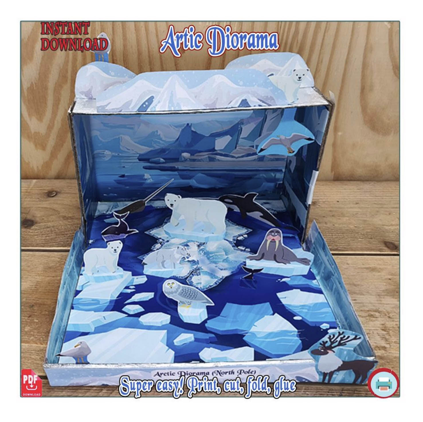 Diorama del Polo Norte con animales polares, hielo y paisaje ártico para un proyecto escolar