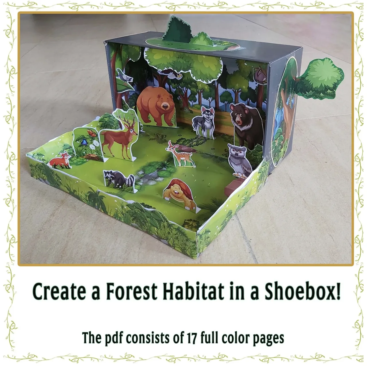 Maqueta de bosque y ecosistema terrestre en una caja de zapatos con árboles y animales de papel