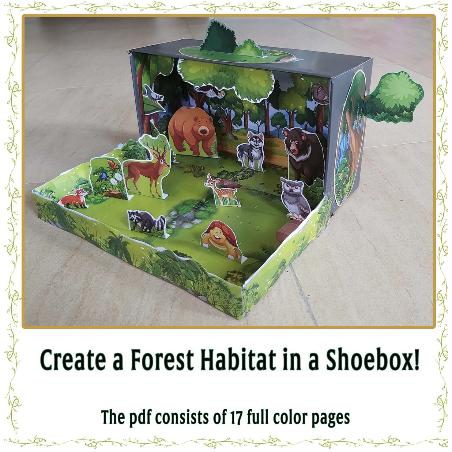 Maqueta de bosque y ecosistema terrestre en una caja de zapatos con árboles y animales de papel