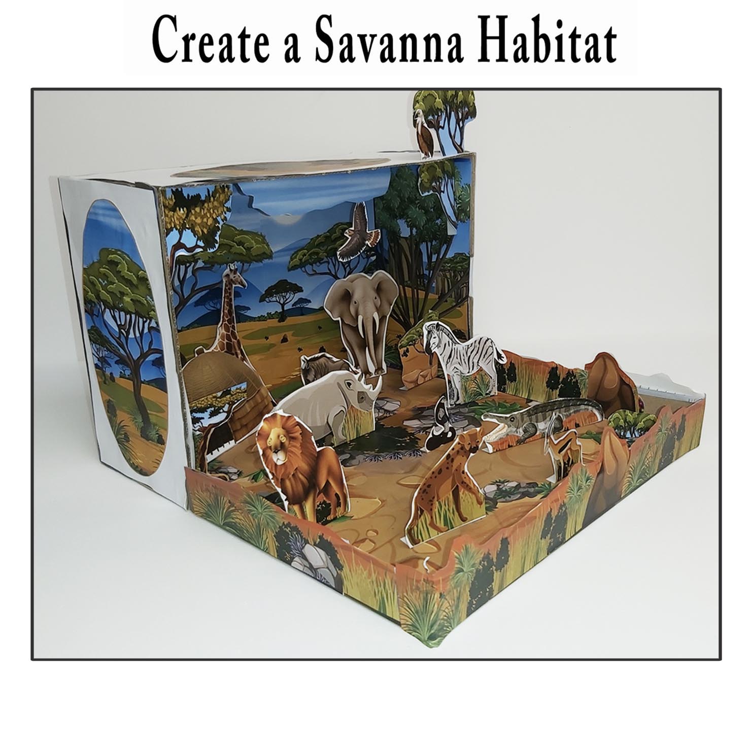 Modelo de maqueta de sabana con jirafa elefante rinoceronte cebra león y otros animales