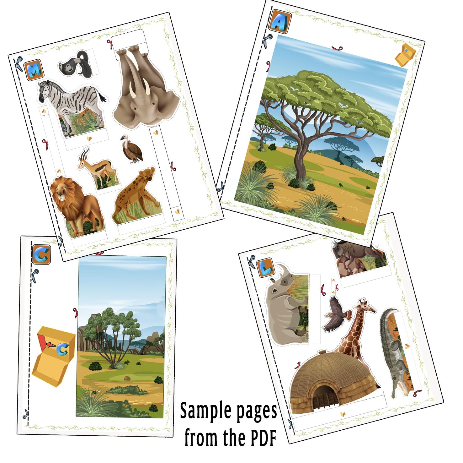 Páginas de muestra del PDF para una maqueta de sabana con animales y fondos imprimibles