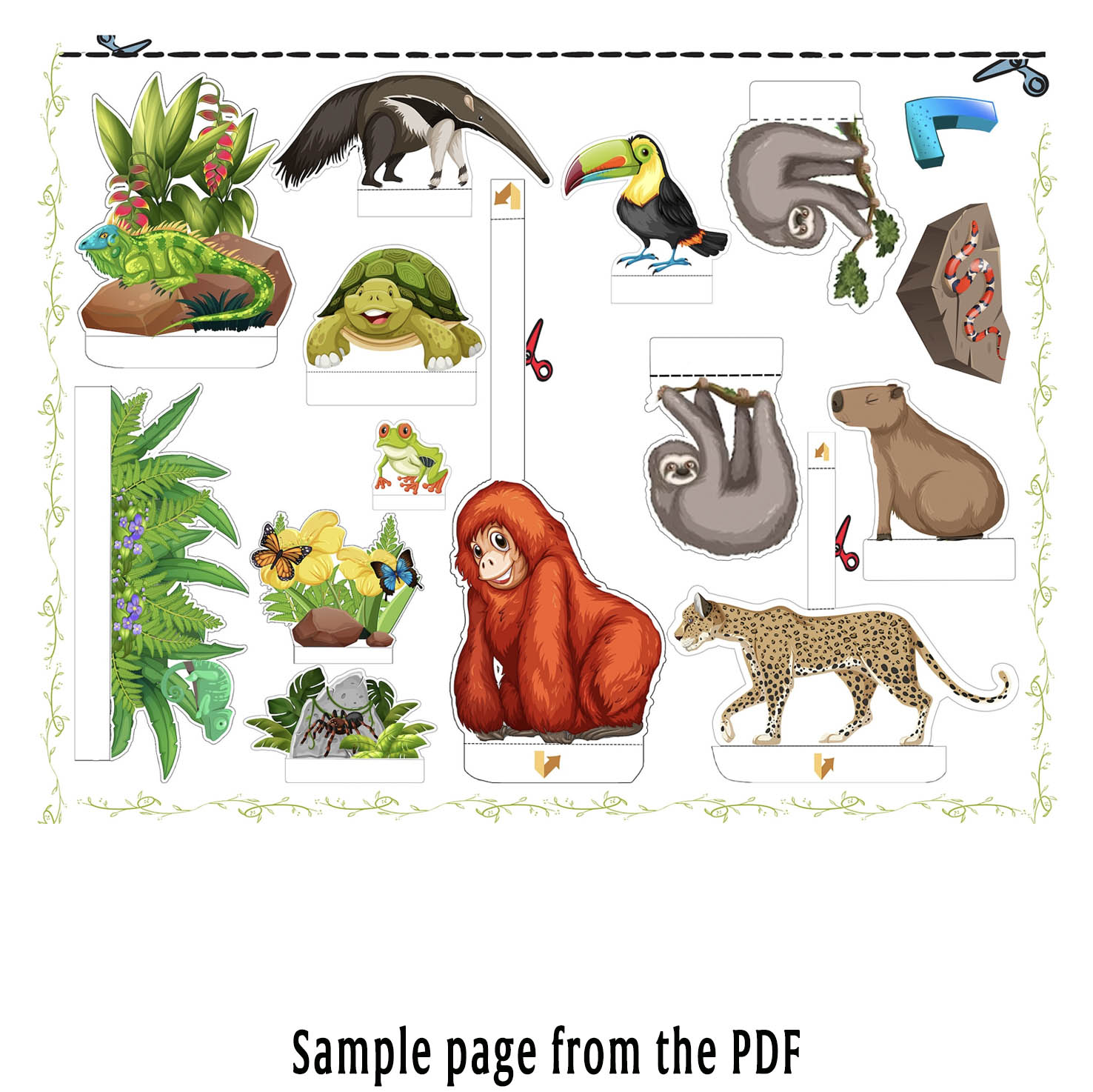 Piezas para imprimir y construir una maqueta de la selva fácil con animales y plantas tropicales
