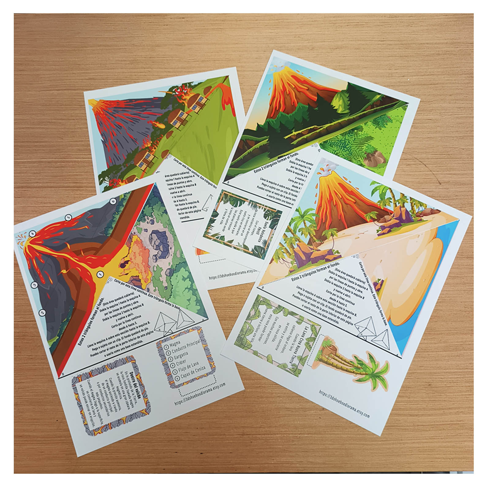 Páginas para imprimir de una maqueta de volcán 3D con actividades educativas sobre lava, magma y suelo volcánico