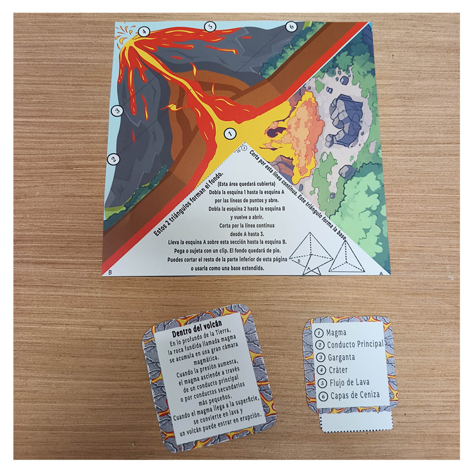 Maqueta de volcán para niños mostrando lava, fuego, casas y los peligros de una erupción volcánica