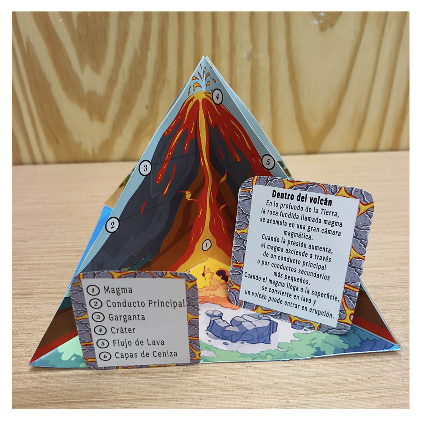 Corte transversal de una maqueta de volcán mostrando magma, cráter, conducto principal y flujo de lava