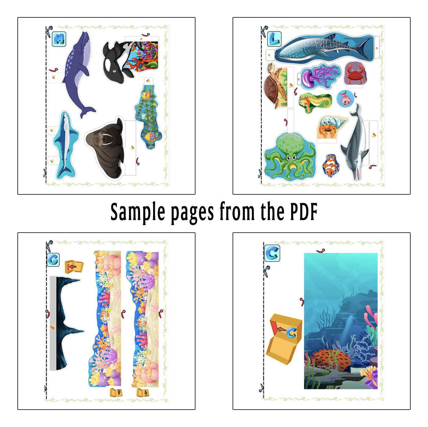 Páginas de muestra del PDF para una maqueta del océano con animales y fondos marinos imprimibles