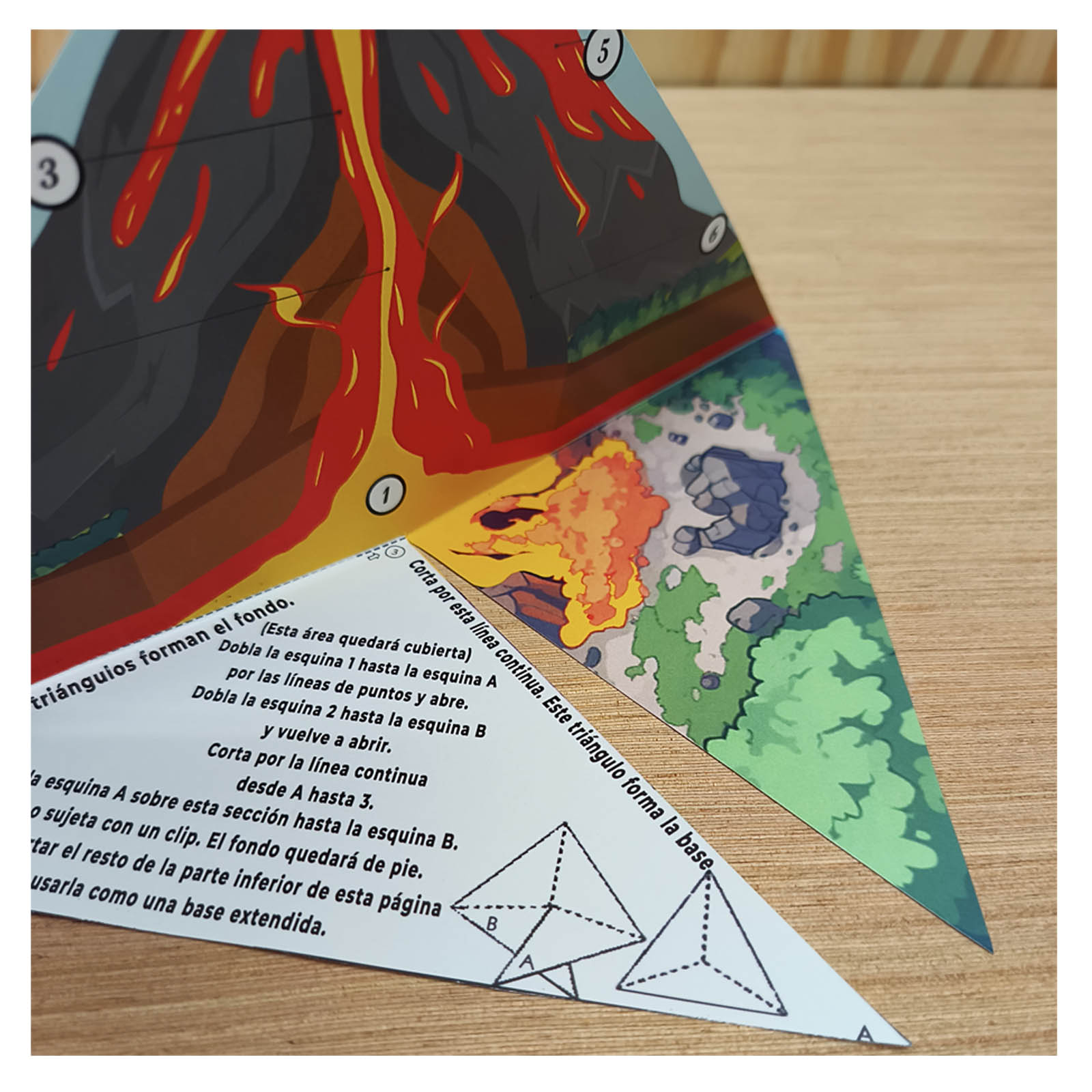 Maqueta escolar de volcán mostrando cómo la lava se enfría y puede formar nueva tierra e islas