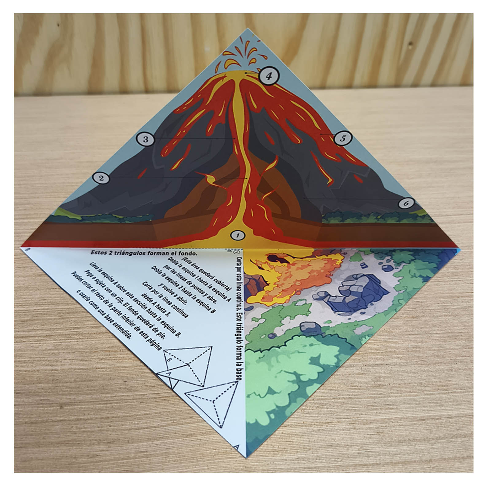 Maqueta de volcán 3D mostrando cómo el suelo volcánico fértil permite crecer plantas y árboles