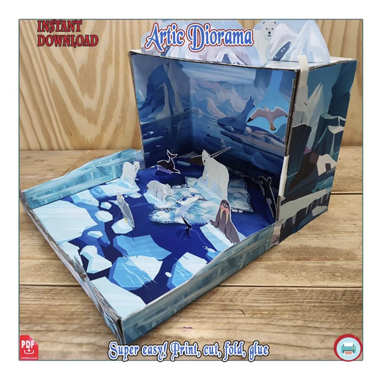 Materiales imprimibles para crear un diorama polar de papel con animales del Polo Norte