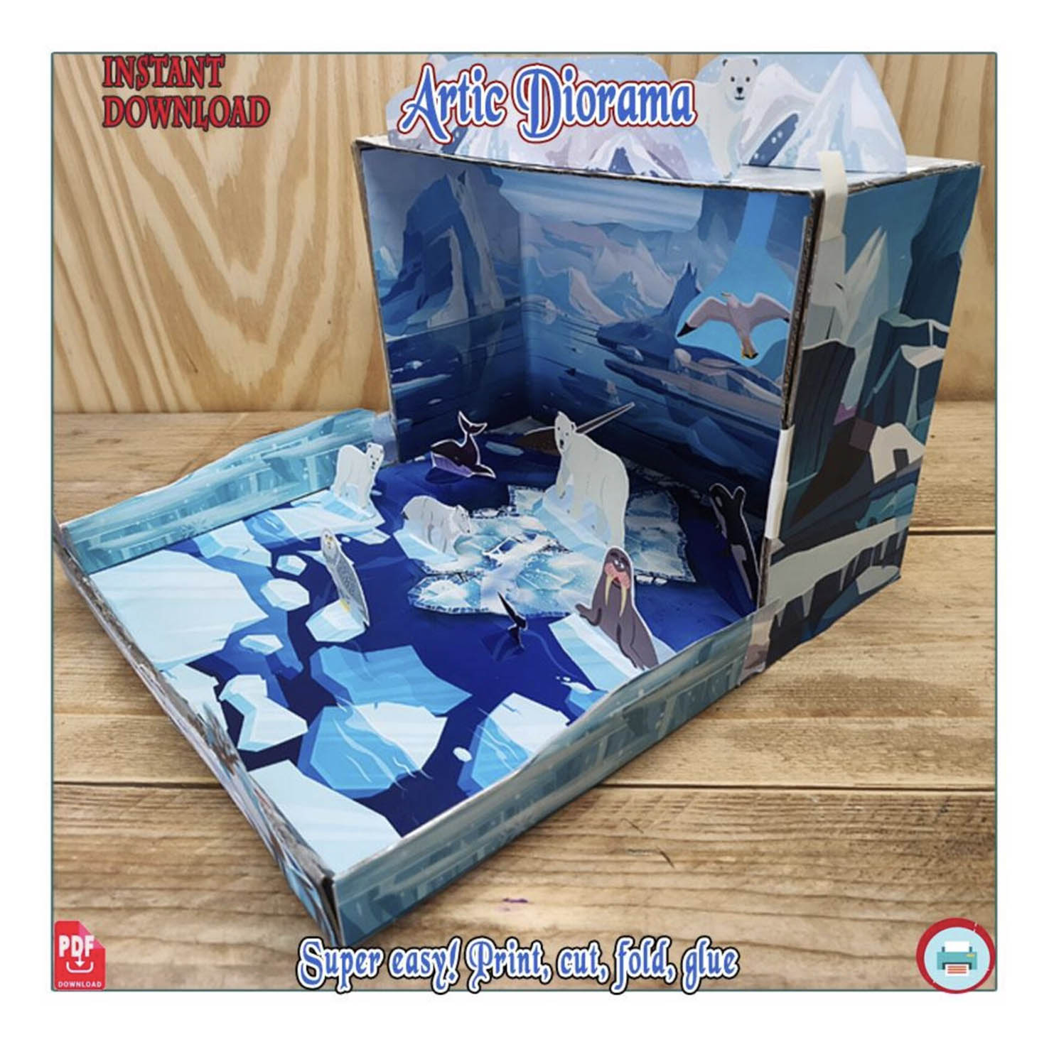 Materiales imprimibles para crear un diorama polar de papel con animales del Polo Norte
