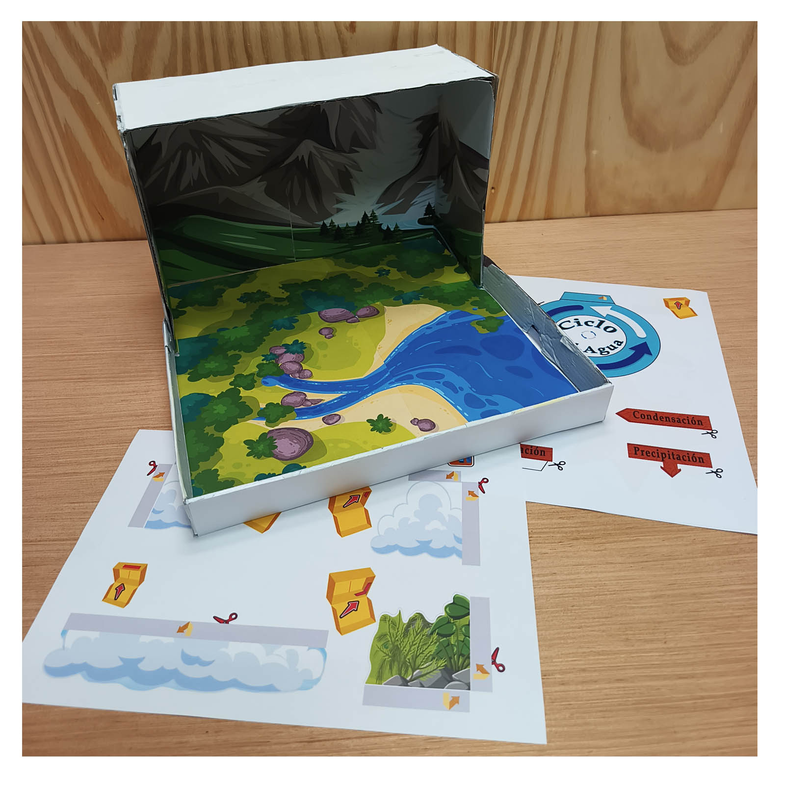Plantillas impresas del ciclo del agua con flechas y etiquetas en español junto a una maqueta en construcción dentro de una caja de zapatos